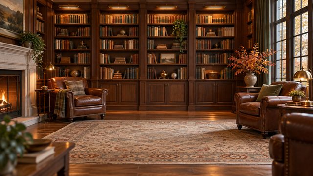 Classic library reading room with leather chairs, walnut shelves and warm lamps - free Thanksgiving background