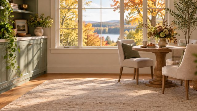 Sunlit breakfast nook with a round table, coffee and golden autumn trees in the window - free Thanksgiving background