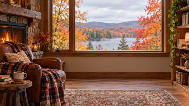Cabin reading nook with a plaid blanket, leather chair and red autumn foliage outside - free Thanksgiving background