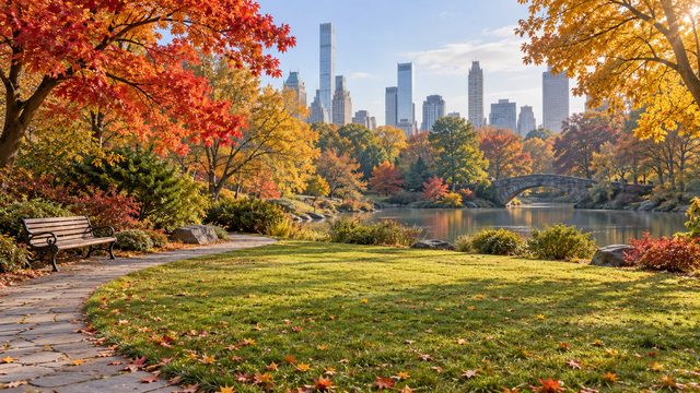 Autumn city park with red maples, an empty bench and a soft skyline in the distance - free Thanksgiving background
