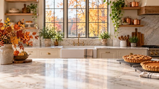 Bright farmhouse kitchen with fresh pies cooling and autumn leaves outside the window - free Thanksgiving background