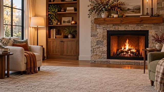 Cozy living room with a lit stone fireplace, wool armchairs and autumn decor - free Thanksgiving background