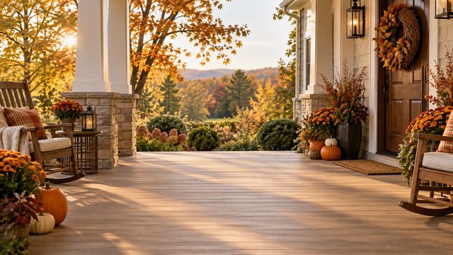 Covered front porch with pumpkins, potted mums and rocking chairs in golden-hour light - free Thanksgiving background