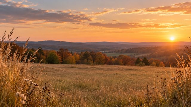 Quiet golden field at sunset with tall grasses and a distant autumn treeline - free Thanksgiving background