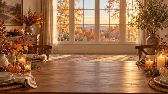 Thanksgiving dining room with a long wooden table, candles and autumn branches in warm sunset light - free Thanksgiving background