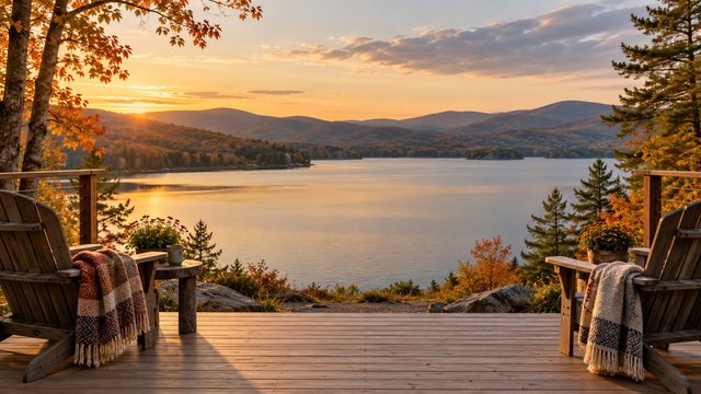Lake house deck with two chairs, wool blankets and autumn hills across calm water - free Thanksgiving background