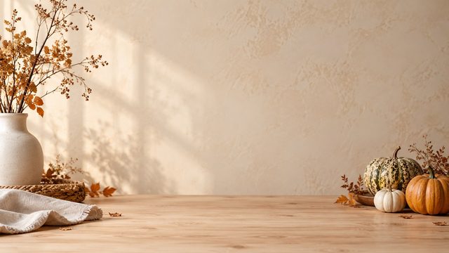 Minimal autumn still life with gourds, dried branches and linen on a pale studio background - free Thanksgiving background