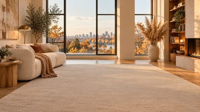 Warm minimal loft with a boucle sofa, knit throw and tall windows full of autumn colour - free Thanksgiving background