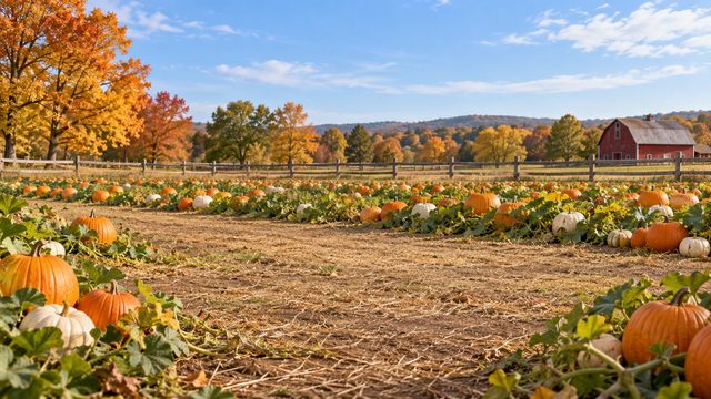 Tidy pumpkin patch in bright daylight with rows of pumpkins and a red barn behind - free Thanksgiving background