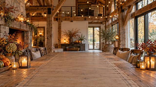 Converted barn dining room with a long harvest table, lanterns and string lights - free Thanksgiving background