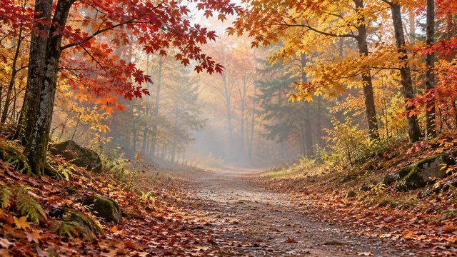 Woodland trail under a canopy of red and gold leaves with soft morning mist - free Thanksgiving background